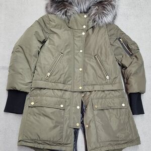 Veronica Beard Womens East End Convertible Down Coat  Parka M Green fox fur Hood